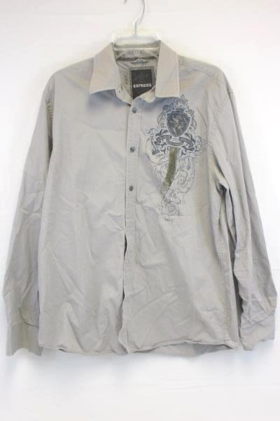 Men's Express Size Large Light Gray Graphic Button Casual Dress Shirt