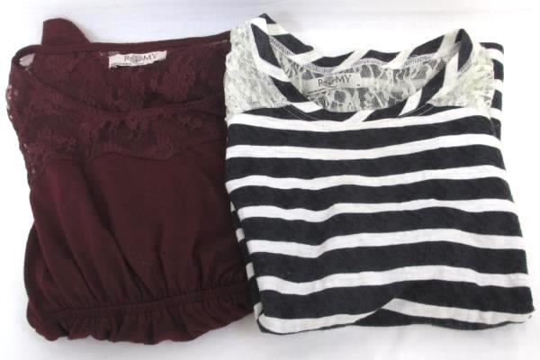 Lot of 2 Romy Women's Tops Blouse Black White Striped Burgundy Lace Size M