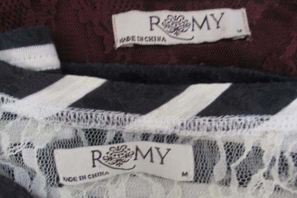 Lot of 2 Romy Women's Tops Blouse Black White Striped Burgundy Lace Size M