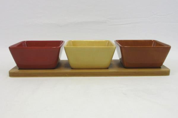 Decorative Hand Painted Kitchen Square Bowls With Wooden Base Red Brown Yellow