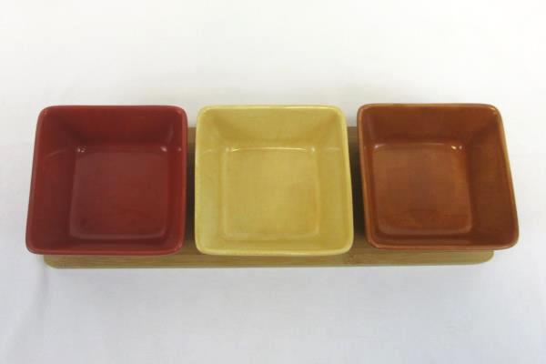 Decorative Hand Painted Kitchen Square Bowls With Wooden Base Red Brown Yellow