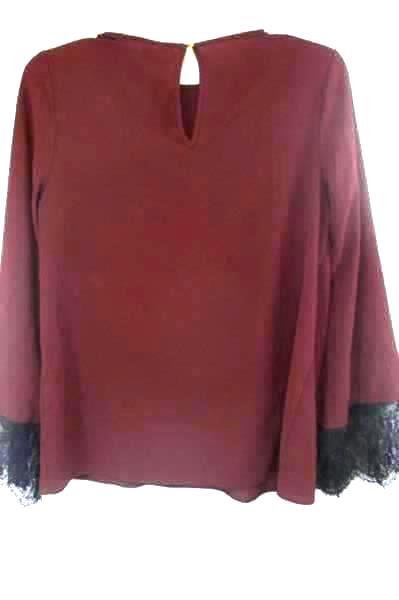 Long Sleeve Blouse Mossimo Solid Maroon w/Laced Black Cuffs Women's Size Small