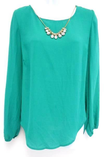 Sheer Turquoise Blouse Top Shirt Embellishment w/ Necklace Lace Back Size Medium