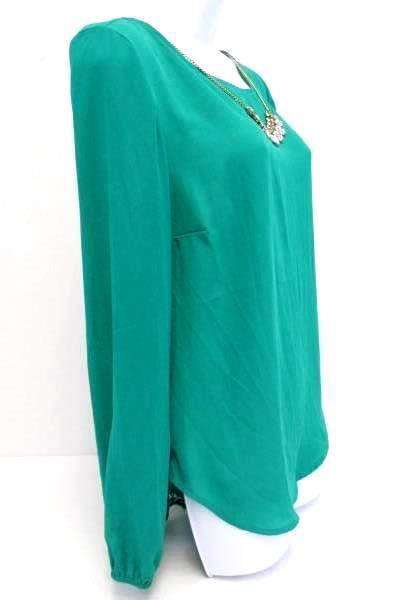 Sheer Turquoise Blouse Top Shirt Embellishment w/ Necklace Lace Back Size Medium