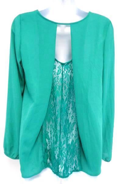 Sheer Turquoise Blouse Top Shirt Embellishment w/ Necklace Lace Back Size Medium