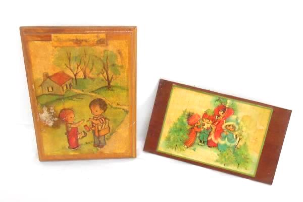 Set of 2 Wood Vintage Antique Children Decoupage Singing Friends Hang Display