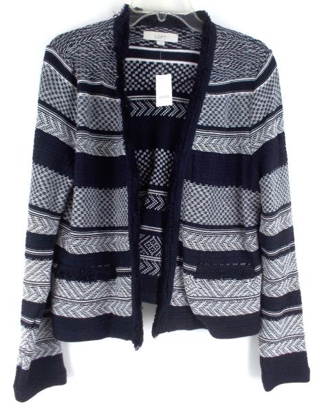 LOFT Navy White Stripe Cotton Jacquard Weave Fringe Cardigan Sweater LARGE ~ NWT