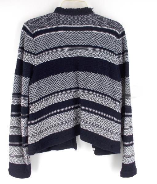 LOFT Navy White Stripe Cotton Jacquard Weave Fringe Cardigan Sweater LARGE ~ NWT
