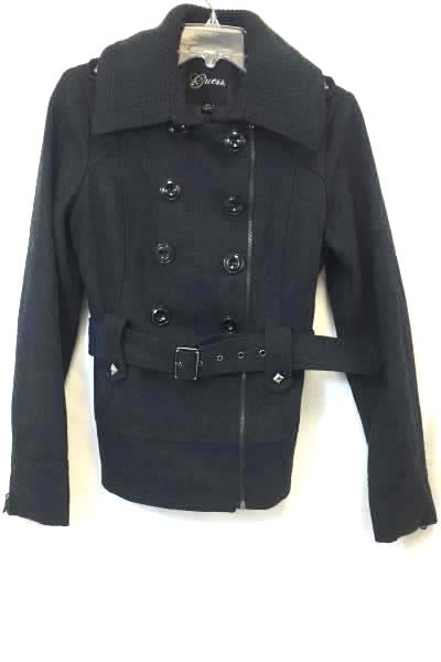 Peacoat Jacket By Guess Solid Dark Gray Belt Buttons 55% Wool Women's S/P