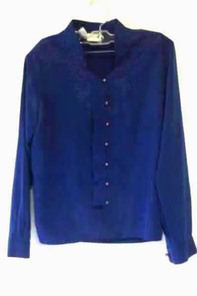 Liz Baker Women's Petites Button Up Solid Blue Blouse Polyester Size 4P
