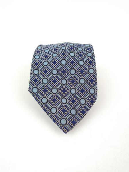 Vintage 70s HABAND Neck Tie, Blue Geometric Tile Polyester Woven in Como Italy