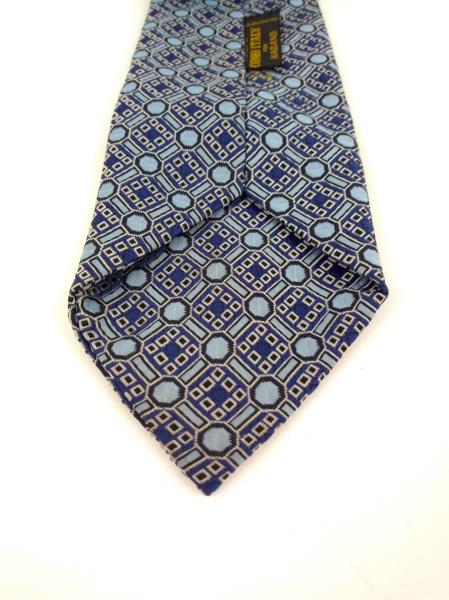 Vintage 70s HABAND Neck Tie, Blue Geometric Tile Polyester Woven in Como Italy