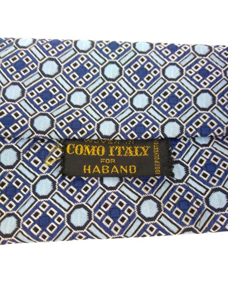 Vintage 70s HABAND Neck Tie, Blue Geometric Tile Polyester Woven in Como Italy