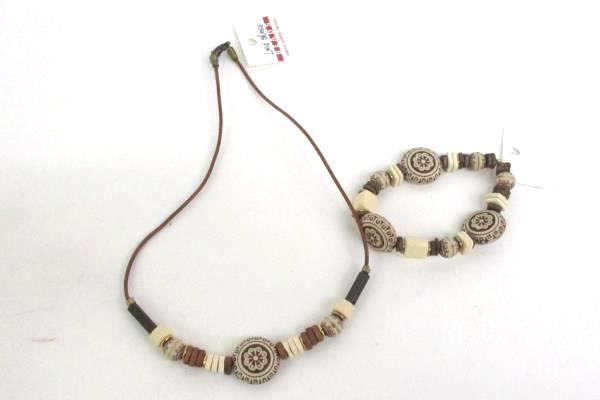 Love Those Beads Natural Tone Beaded Necklace Bracelet Set Mandala Leather Cord