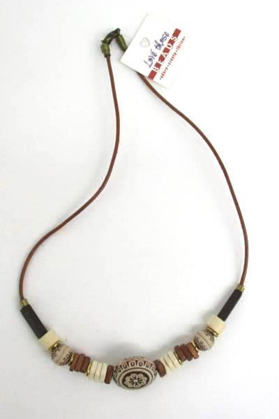 Love Those Beads Natural Tone Beaded Necklace Bracelet Set Mandala Leather Cord