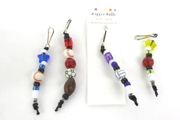4 Beaded Sport Soccer Baseball Basketball Football Volleyball Zipper Pull Purple