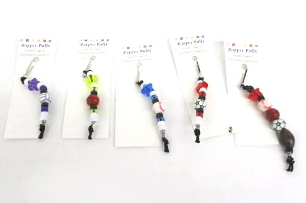 5 Beaded Sport Soccer Baseball Basketball Football Volleyball Zipper Pull