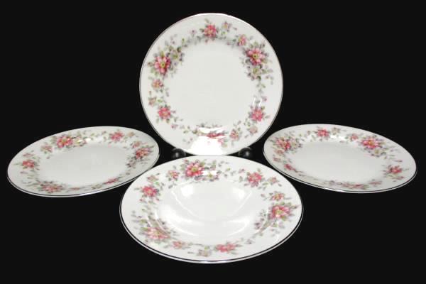 Set of 4 Salad Plates 7.75" Spring Time White with Platinum Gilt Primrose Vine