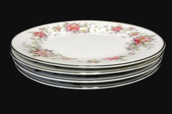 Set of 4 Salad Plates 7.75" Spring Time White with Platinum Gilt Primrose Vine