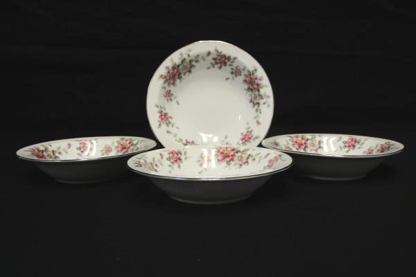 Set of 4 Dessert Bowls 5.5" Spring Time China White Platinum Gilt Primrose Vines