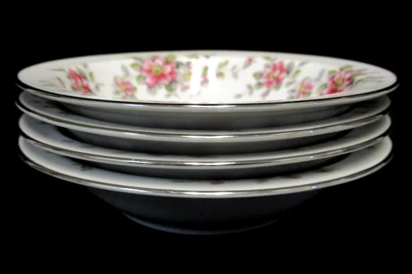 Set of 4 Dessert Bowls 5.5" Spring Time China White Platinum Gilt Primrose Vines