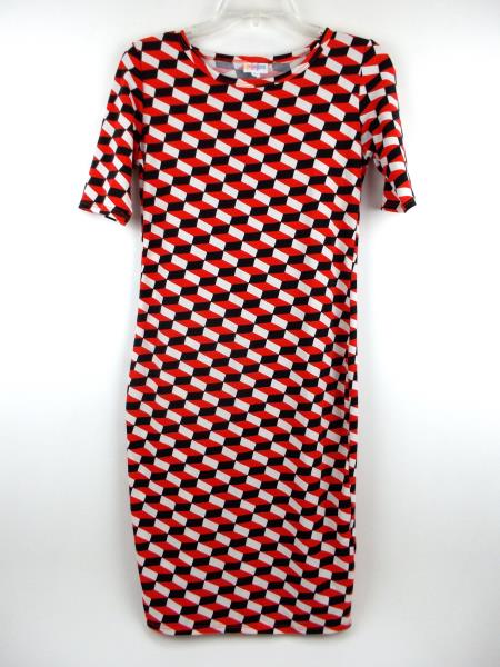 LULAROE "Julia" Bodycon Dress Black Red White Mod Geo Cube Print Sz XS