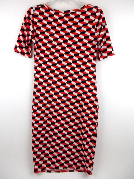 LULAROE "Julia" Bodycon Dress Black Red White Mod Geo Cube Print Sz XS