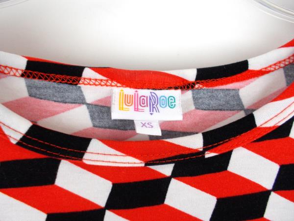 LULAROE "Julia" Bodycon Dress Black Red White Mod Geo Cube Print Sz XS