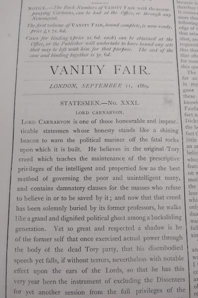 Original Color Lithograph Vanity Fair Statesmen #31, Lord Carnarvon 09/11/1889