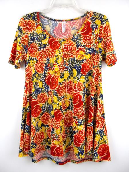 LULAROE "Perfect T" Flared Tunic Dress Blue Red Yellow Rose Floral Print Sz XXS
