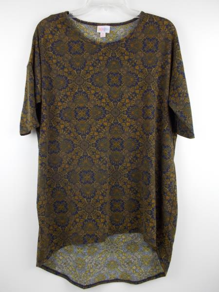 LULAROE "Irma" Oversize Tunic Top 3/4 Sleeve Navy Blue & Gold Damask Print Sz XS
