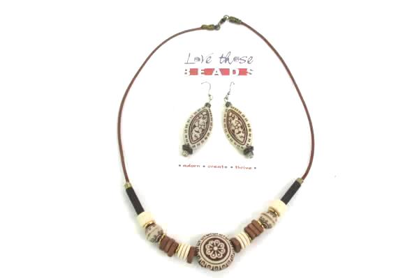 Love Those Beads Natural Tone Beaded Necklace Earrings Set Mandala Almond Shape