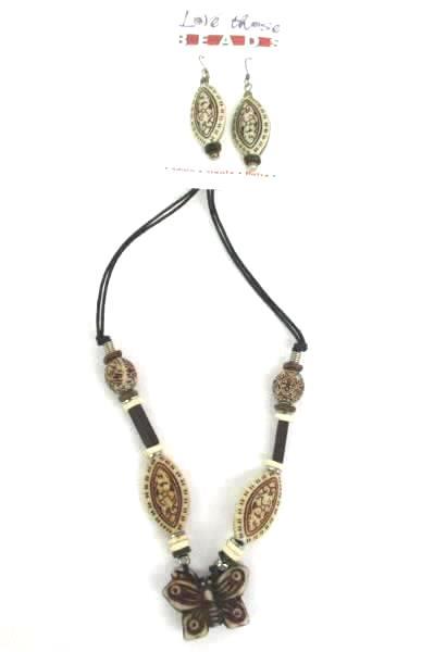 Love Those Beads Natural Tone Beaded Necklace Earring Set Butterfly Almond Shape