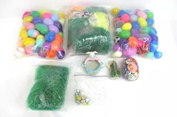 Large Lot of Easter Decor & More Plastic Easter Eggs Grass Mini Ornaments Tin