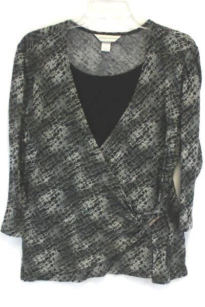 Women's CHRISTOPHER & BANKS Shirt Top Blouse Black & Gray Size Medium Faux Wrap