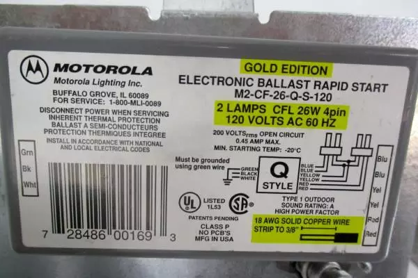 Motorola Electronic Ballast Rapid Start Gold Edition 2 Lamps 120 Volts AC 60 HZ