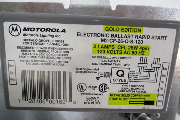 Motorola Electronic Ballast Rapid Start Gold Edition 2 Lamps 120 Volts AC 60 HZ