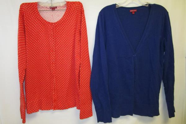 Lot of 2 Cardigan By Merona Blue Orange White Polka Dots Women's Size L