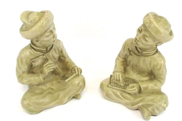 2 Vintage 1958 Universal Statuary Asian Abacus Notebook Chalkware Bookends