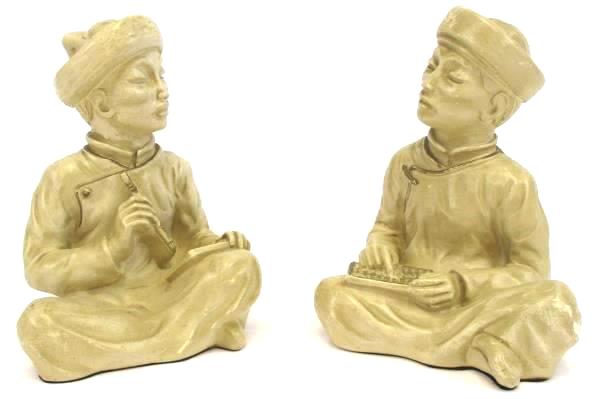 2 Vintage 1958 Universal Statuary Asian Abacus Notebook Chalkware Bookends