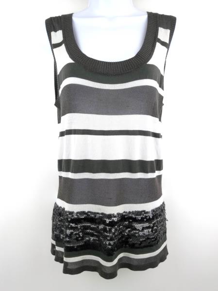 IISLI Sleeveless Knit Tank Top Sheer Sequins Gray & White Stripe Women's SMALL