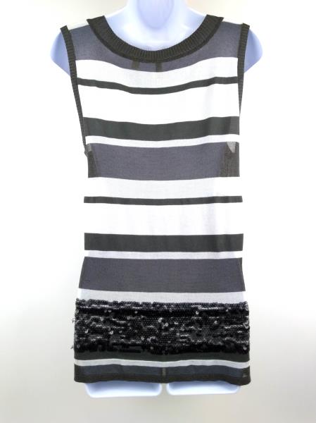 IISLI Sleeveless Knit Tank Top Sheer Sequins Gray & White Stripe Women's SMALL
