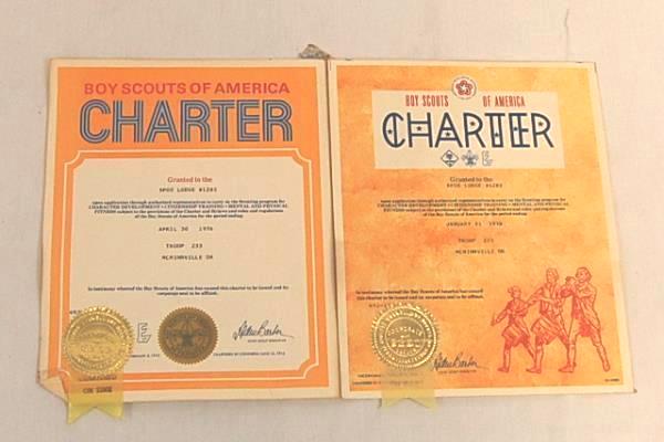 1976 & 1978 Boy Scouts Charter Certificate McMinnville OR Elks ClubTroop 233