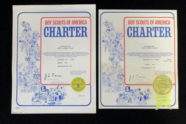 1981 & 1985 Boy Scouts Charter Certificate McMinnville OR Elks ClubTroop 233