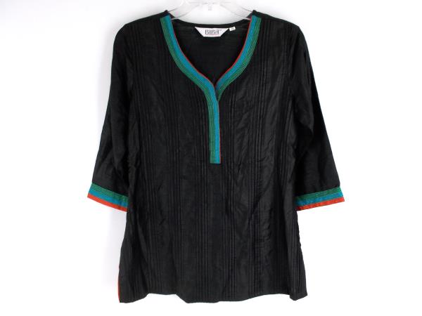 BIBA Black Pintuck Tunic Indian Boho 3/4 Sleeves + Side Slits ~ Sz 32 Womens