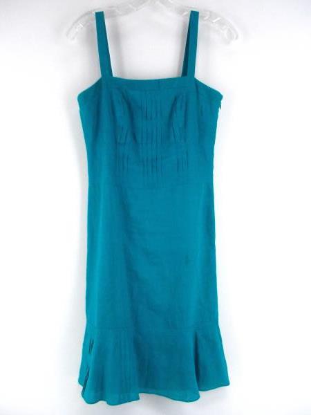 ANN TAYLOR Teal Blue 100% Linen Pintuck Dress Lined PETITE Sz 4P
