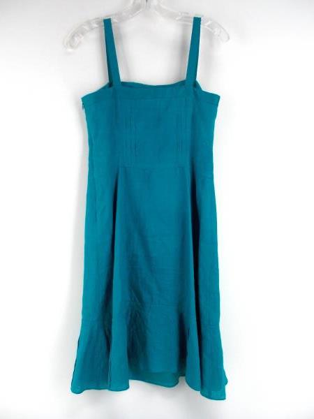 ANN TAYLOR Teal Blue 100% Linen Pintuck Dress Lined PETITE Sz 4P