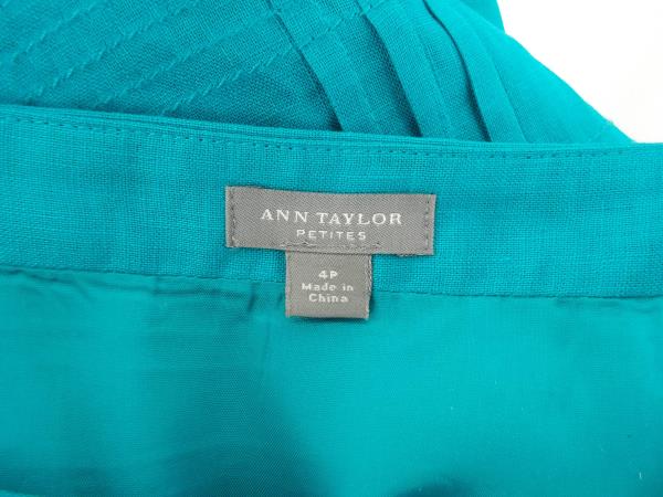 ANN TAYLOR Teal Blue 100% Linen Pintuck Dress Lined PETITE Sz 4P
