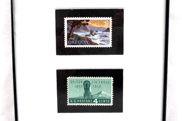 Framed State Postage Stamps Oregon Statehoood & West Virginia