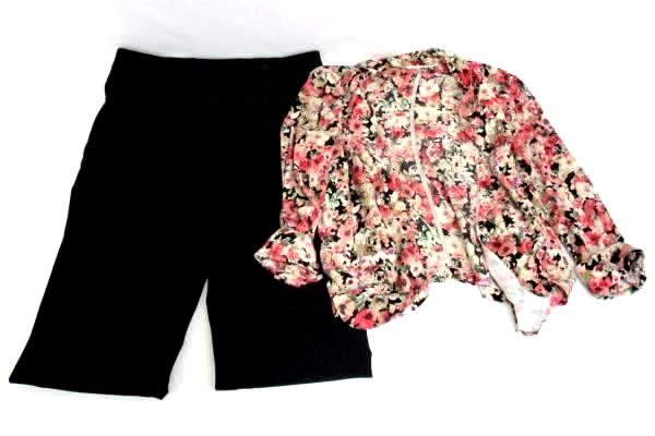 Women's Outfit Opened Front Blouse Floral Size S Dressbarn Black Slacks Size 6